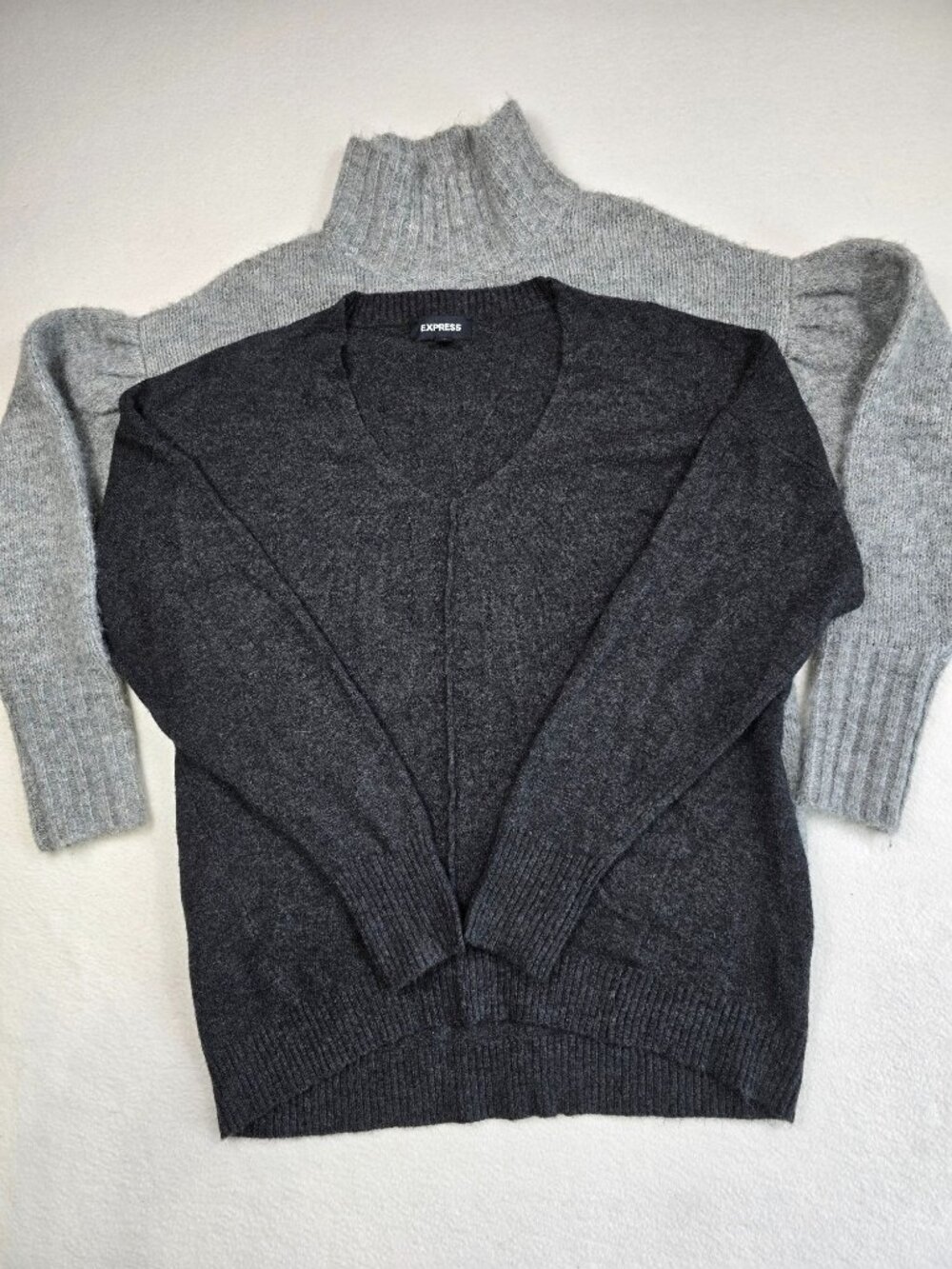 Express Womens XS Charcoal Gray V-Neck Mock Neck 2 Sweaters Cotton Wool Blend